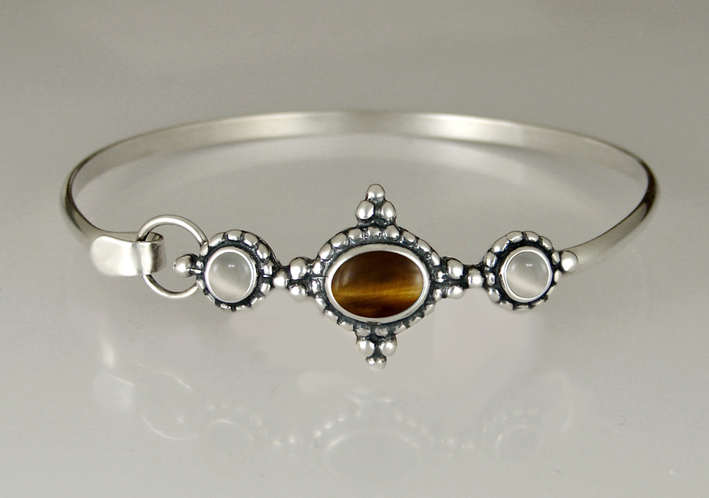 Sterling Silver Strap Latch Spring Hook Bangle Bracelet With Tiger Eye And White Moonstone